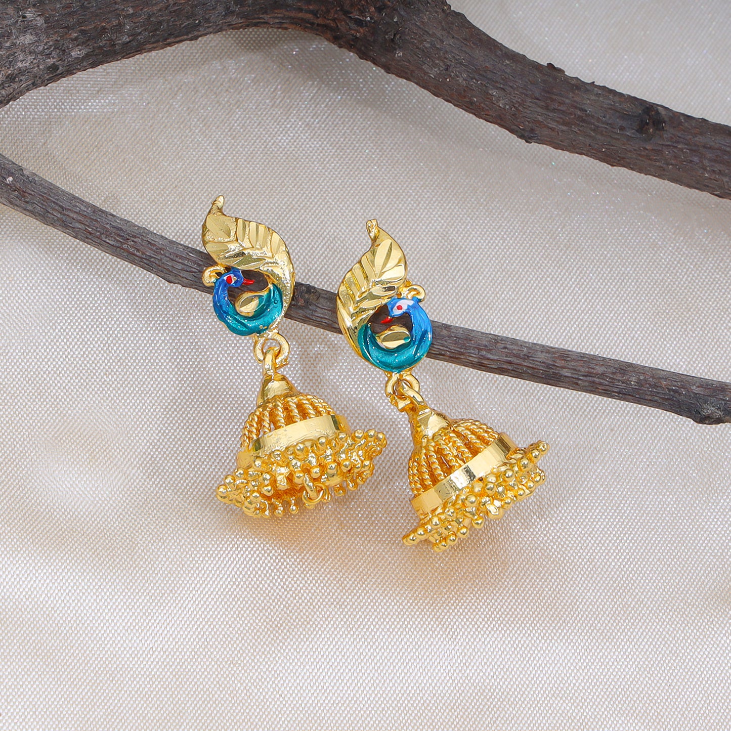 Elegant Floral and Peacock Jhumka Earrings with Purple and Teal Accents