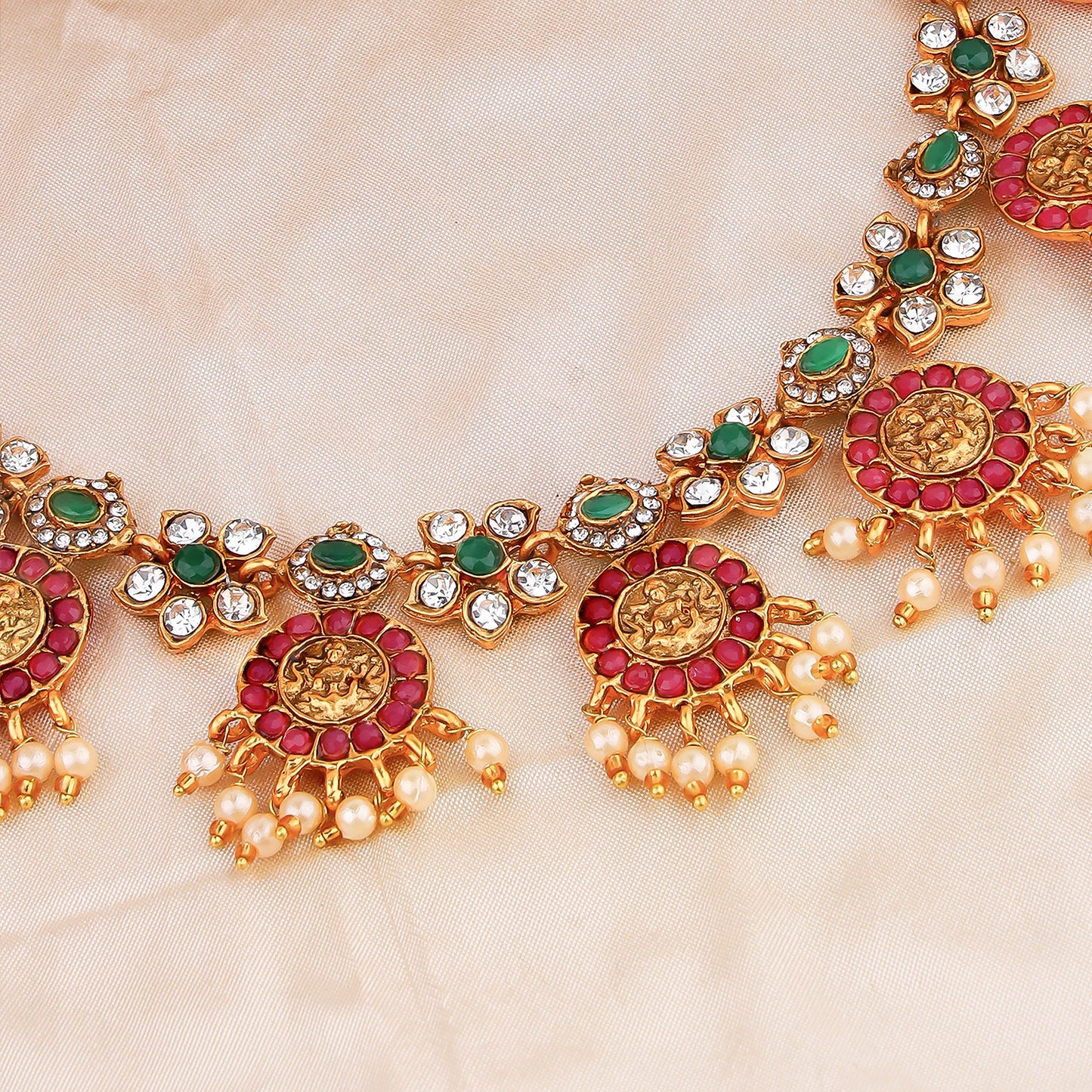 Traditional Red and Green Stone Floral Necklace Set with Gold-Toned Lakshmi Idols