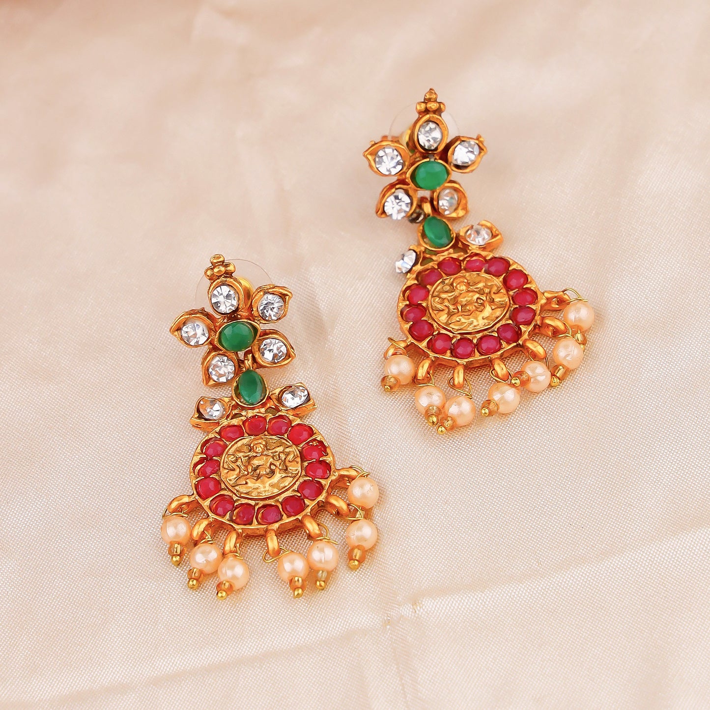 Traditional Red and Green Stone Floral Necklace Set with Gold-Toned Lakshmi Idols
