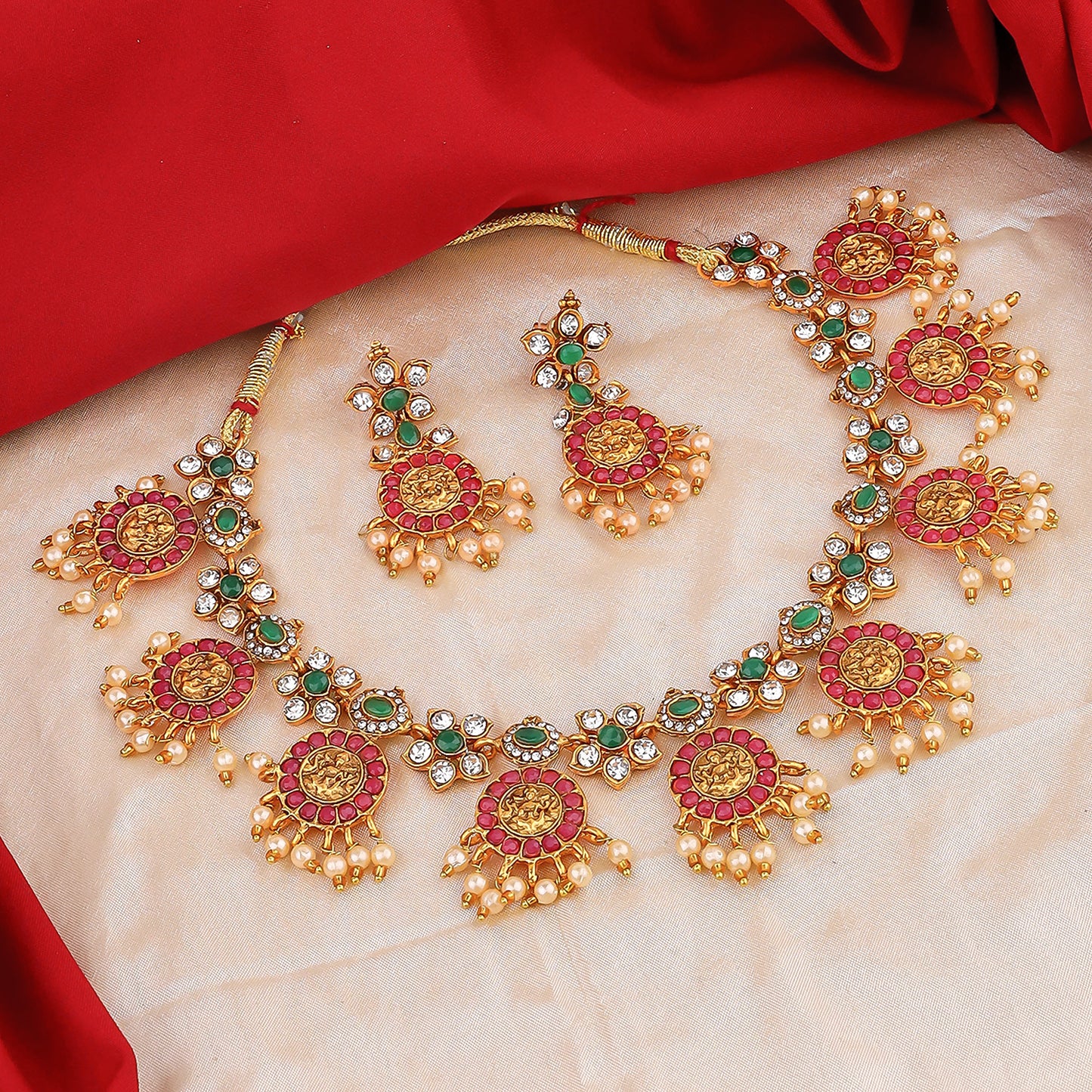 Traditional Red and Green Stone Floral Necklace Set with Gold-Toned Lakshmi Idols