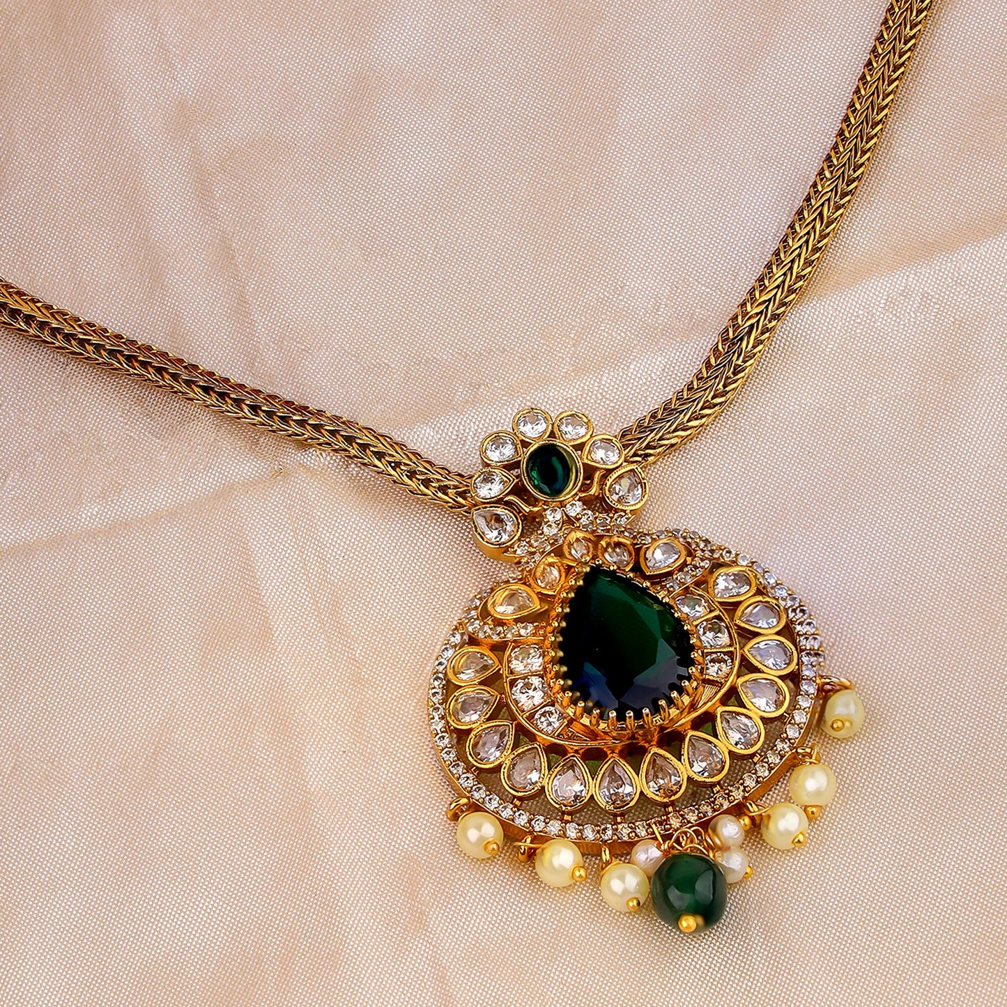 Emerald Green and Pearl Teardrop Necklace Set with Intricate Gold Filigree Design