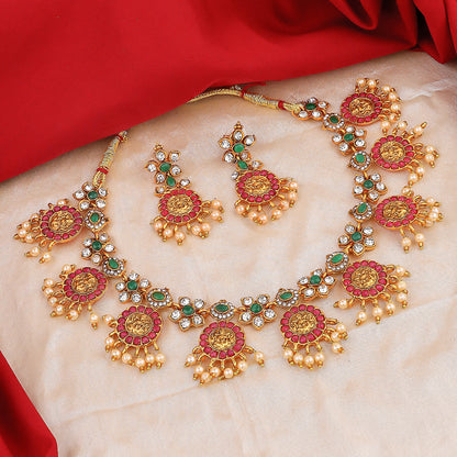 Traditional Red and Green Stone Floral Necklace Set with Gold-Toned Lakshmi Idols