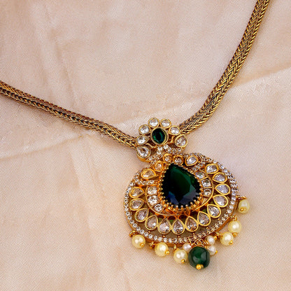 Emerald Green and Pearl Teardrop Necklace Set with Intricate Gold Filigree Design